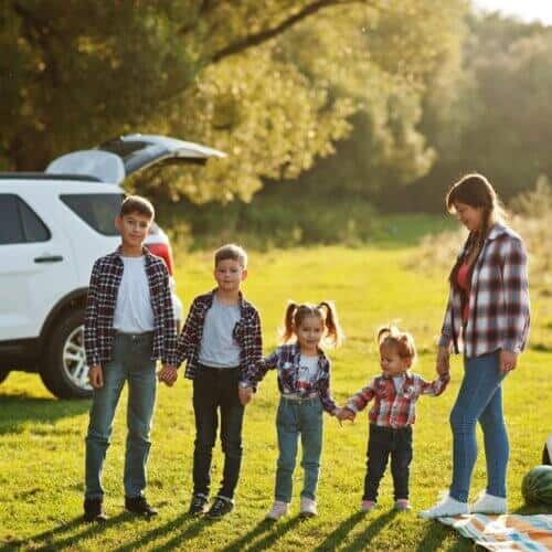 large family standing by car outside