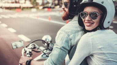 Young couple on a spring motorcycle ride in Washington