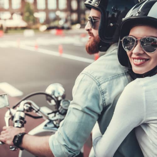 Young couple on a spring motorcycle ride in Washington