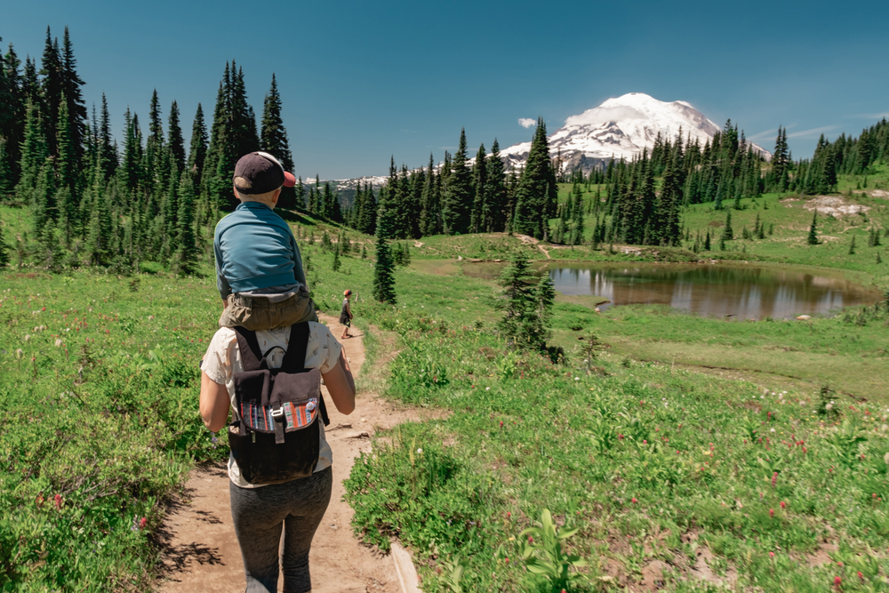 Mother and child hiking in Mt. Rainier