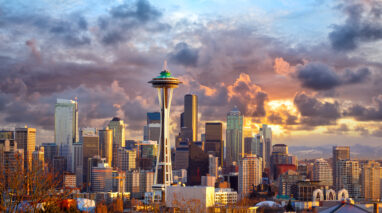 Aerial view of Seattle with clouds