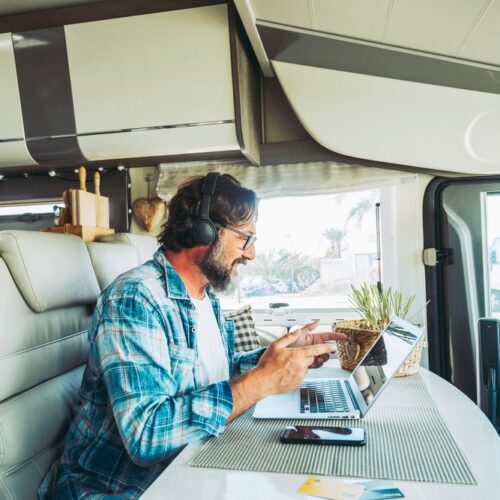 Man living full-time in his RV working from home - cheap RV insurance in Washington.