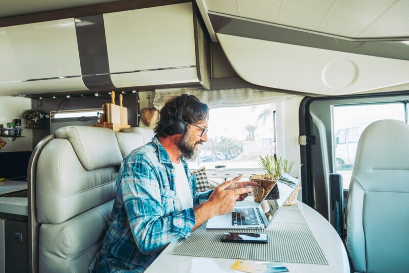 Man living full-time in his RV working from home - cheap RV insurance in Washington.