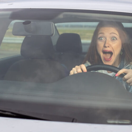 A girl screaming behind the wheel.
