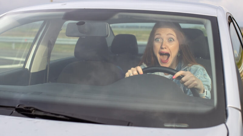 A girl screaming behind the wheel.