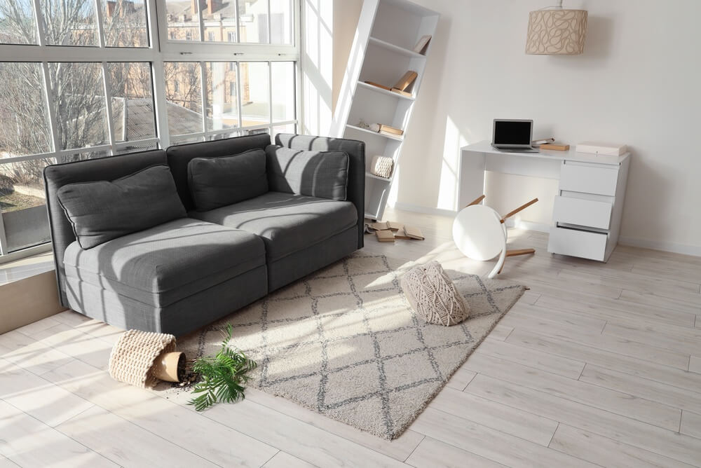 Bright living room with fallen furniture and decor after a tremor, showing why homeowners may consider earthquake insurance in the Pacific Northwest.