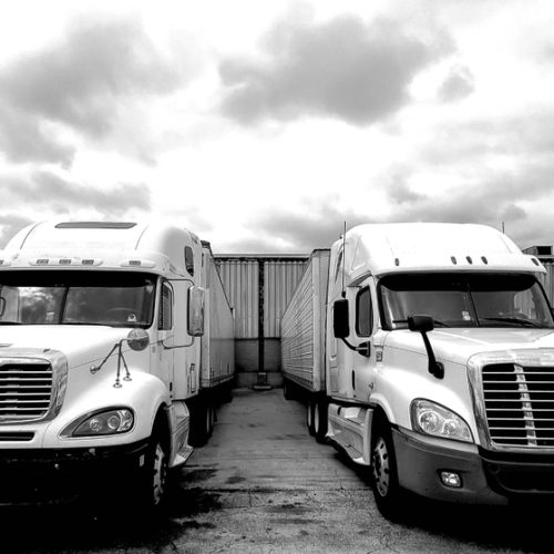 Trucking business, two semis facing out from docks.
