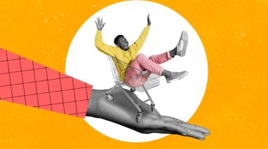 Whimsical 3D collage of a giant hand holding a boy in a shopping cart, used metaphorically to illustrate unexpected situations that can lead to car insurance claims.