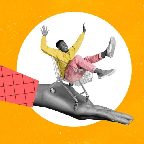 Whimsical 3D collage of a giant hand holding a boy in a shopping cart, used metaphorically to illustrate unexpected situations that can lead to car insurance claims.