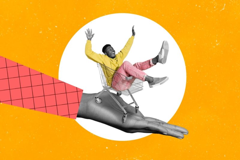 Whimsical 3D collage of a giant hand holding a boy in a shopping cart, used metaphorically to illustrate unexpected situations that can lead to car insurance claims.