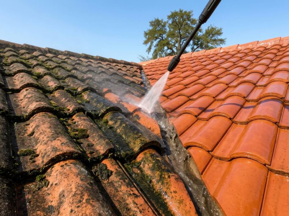 Pressure washing moss from a tile roof to prevent Pacific Northwest moss damage, helping protect the roof from moisture, deterioration, and long-term structural issues.