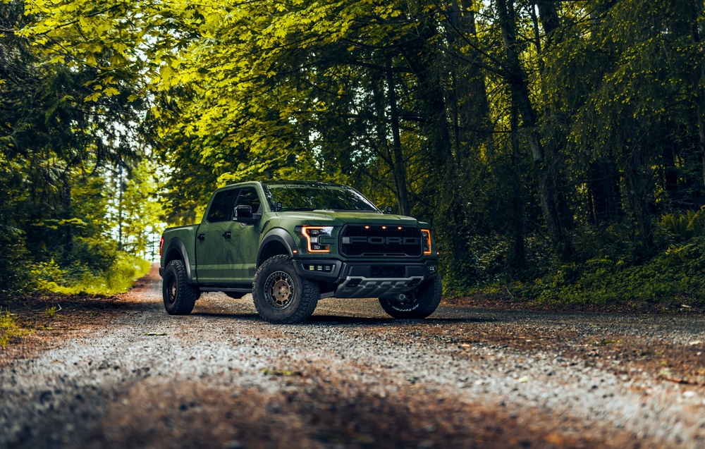 Pickup truck parked on a forest road in the Pacific Northwest.